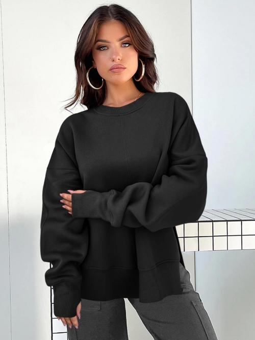 Women's Loose Round Neck Sweatshirt Cotton Blend Long Sleeve Side Split Pullover Casual Autumn Winter Sport Top Ladies Oversized Knitted Jumper Women's Loose Round Neck Sweatshirt Cotton Blend Long Sleeve Side Split Pullover Casual Autumn Winter Sport Top Ladies Oversized Knitted Jumper