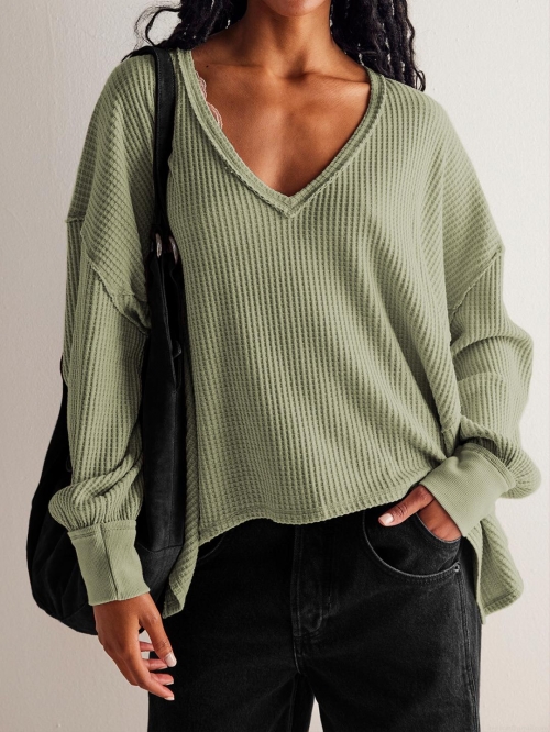 Women's Casual Waffle Knit Sweatshirt V Neck Long Sleeve Loose Oversized Pullover Top Fall Winter Fashion Solid Color Soft Comfortable Jumper Women Women's Casual Waffle Knit Sweatshirt V Neck Long Sleeve Loose Oversized Pullover Top Fall Winter Fashion Solid Color Soft Comfortable Jumper Women