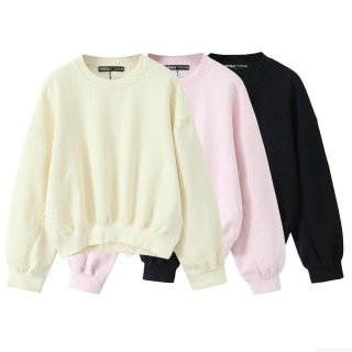 Women's Round Neck Long Sleeve Sweatshirt Casual Solid Color Ribbed Cuffs Loose Fit Drop Shoulder Pullover Top Cotton Blend Streetwear For Women