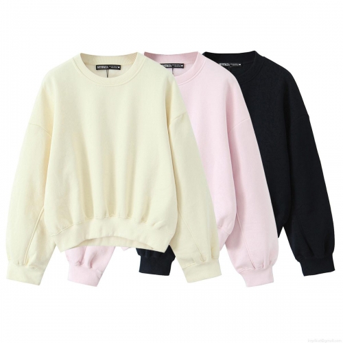 Women's Round Neck Long Sleeve Sweatshirt Casual Solid Color Ribbed Cuffs Loose Fit Drop Shoulder Pullover Top Cotton Blend Streetwear For Women