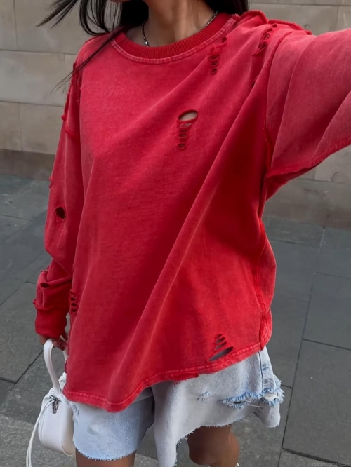 Women's Oversized Distressed Sweatshirt Cotton Pullover Long Sleeve Streetwear Top With Destroyed Details For Autumn Spring Fashion Women's Oversized Distressed Sweatshirt Cotton Pullover Long Sleeve Streetwear Top With Destroyed Details For Autumn Spring Fashion