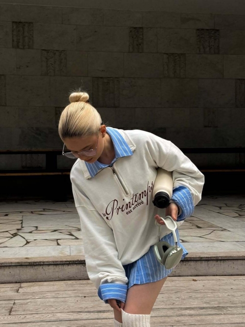 Women's American Vintage Half Zip Sweatshirt 100% Cotton Letter Print Loose Fit Long Sleeve Top Streetwear Spring Autumn Casual Pullover