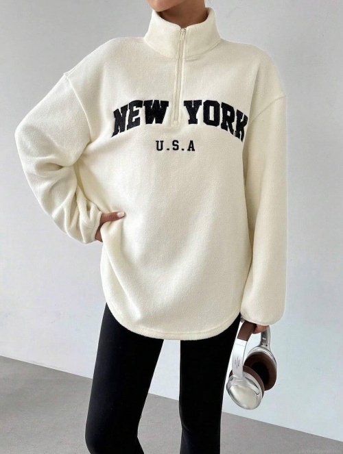 Women's Oversized Polar Fleece Sweatshirt Cotton Blend Letter Embroidery Quarter Zipper Stand Collar Long Sleeve Pullover Streetwear Casual Warm Top Women's Oversized Polar Fleece Sweatshirt Cotton Blend Letter Embroidery Quarter Zipper Stand Collar Long Sleeve Pullover Streetwear Casual Warm Top