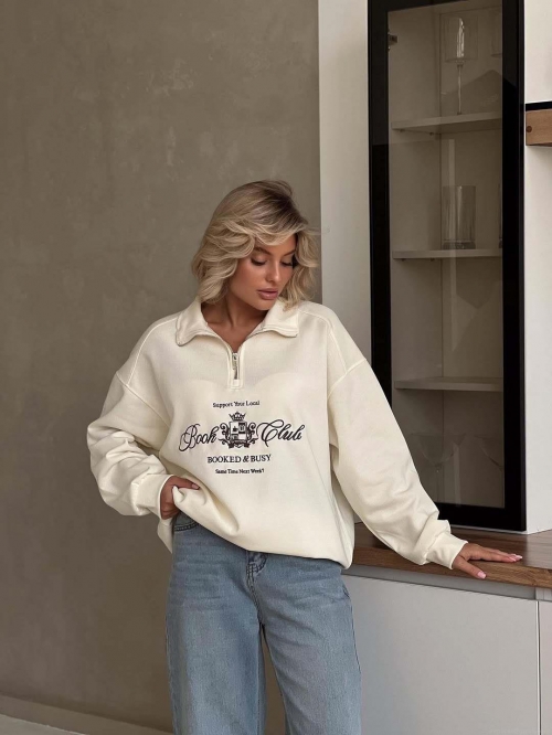 Women's 100% Cotton Half-Zip Sweatshirt Oversized Long Sleeve Letter Embroidered Pullover American Retro Streetwear Aesthetic Fall Winter Top Women's 100% Cotton Half-Zip Sweatshirt Oversized Long Sleeve Letter Embroidered Pullover American Retro Streetwear Aesthetic Fall Winter Top