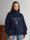 Women's American Vintage 100% Cotton Half-Zipper Sweatshirt Loose Long Sleeve Printed Stand Collar Pullover Jacket Casual Streetwear Fashion Top
