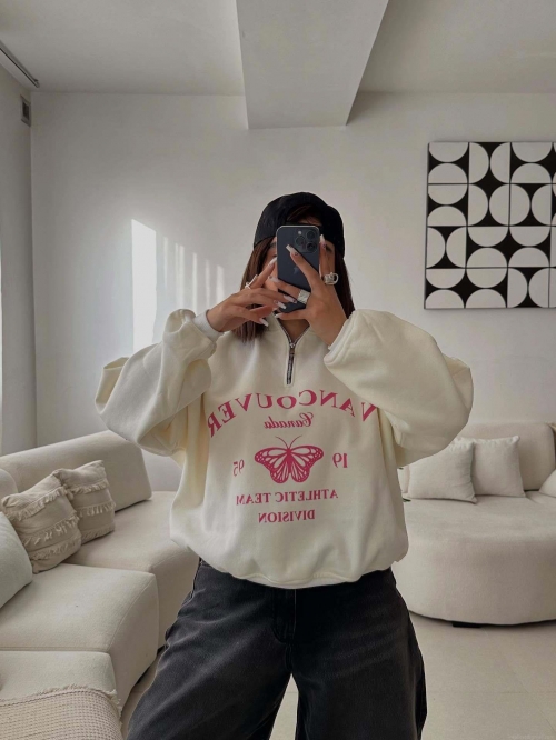 Women's American Vintage Stand Collar Half Zip Sweatshirt 100% Cotton Heavyweight Butterfly Letter Print Loose Long Sleeve Streetwear Top Women's American Vintage Stand Collar Half Zip Sweatshirt 100% Cotton Heavyweight Butterfly Letter Print Loose Long Sleeve Streetwear Top