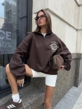 Women's 100% Cotton Half-Zip Sweatshirt Vintage Letter Print Shield Logo Oversized Long Sleeve Stand Collar Pullover Retro Streetwear Autumn Winter Top