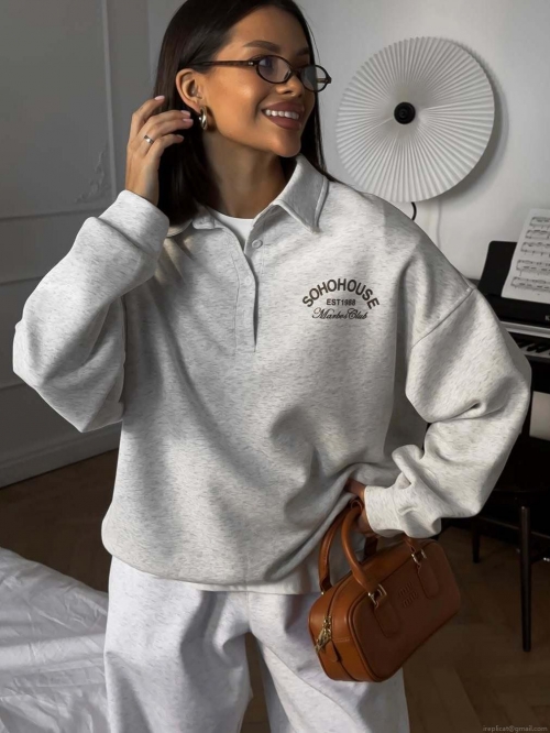 Women's Oversized Cotton Letter Print Sweatshirt Polo Collar Half Button Long Sleeve Pullover Spring Casual American Retro Streetwear Tops