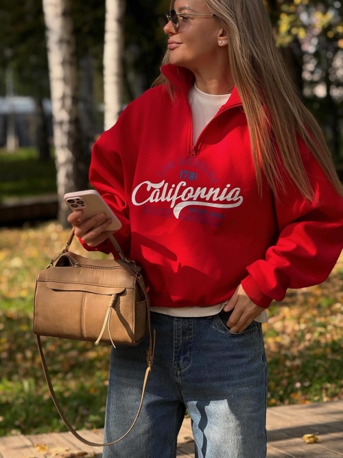 Women's Half-Zip Lapel Sweatshirt Cotton California Letter Print Loose Oversized Long Sleeve Retro American College Style Pullover Top for Autumn Winter Women's Half-Zip Lapel Sweatshirt Cotton California Letter Print Loose Oversized Long Sleeve Retro American College Style Pullover Top for Autumn Winter