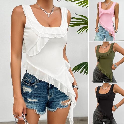 Women's Y2K Ruffle Mesh Camisole Top Elegant Square Neck Asymmetric Hem Sleeveless Slim Fit Polyester Spandex Sexy Summer Tank Top for Ladies Streetwear Women's Y2K Ruffle Mesh Camisole Top Elegant Square Neck Asymmetric Hem Sleeveless Slim Fit Polyester Spandex Sexy Summer Tank Top for Ladies Streetwear