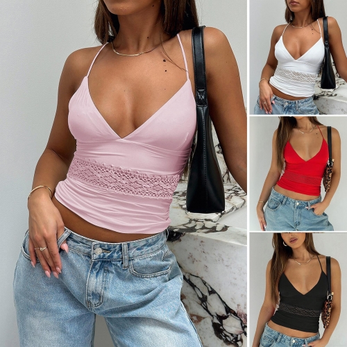 Women's Sexy Y2K Halter Neck Camisole Top Lace Patchwork Hollow Out V Neck Slim Fit Tank Top Sleeveless Polyester Elastane Blend Backless Crop Top Women's Sexy Y2K Halter Neck Camisole Top Lace Patchwork Hollow Out V Neck Slim Fit Tank Top Sleeveless Polyester Elastane Blend Backless Crop Top
