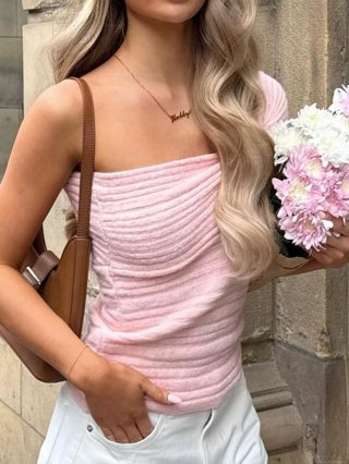 Women's Elegant Pink One Shoulder Knit Tank Top Slim Fit Twist Front Pleated Cropped Cami Polyester Blend Sleeveless Pullover Sweater Top for Daily Party Women's Elegant Pink One Shoulder Knit Tank Top Slim Fit Twist Front Pleated Cropped Cami Polyester Blend Sleeveless Pullover Sweater Top for Daily Party