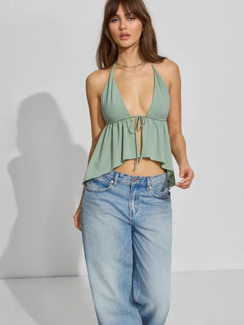 Women Sexy Halter Neck Backless Top V Neck Drawstring Ruffle Hem Sleeveless Tank Top Solid Color Summer Party Vacation Clubwear Polyester Blend