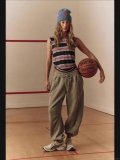 Women's Striped Sleeveless Tank Top Casual Round Neck Ruched Side Drawstring Knit Vest Sporty Summer Beach T-Shirt Top