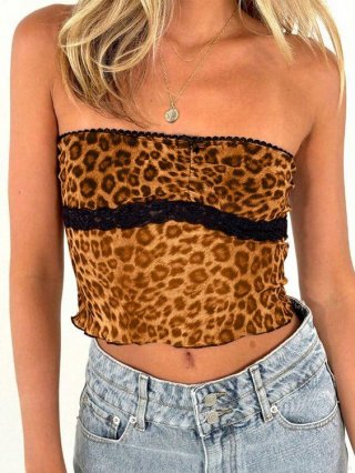 Women Sexy Leopard Print Mesh Tube Top With Black Lace Trim Ruched Strapless Crop Top For Party Clubwear Slim Fit Camisole Tank Top Women Sexy Leopard Print Mesh Tube Top With Black Lace Trim Ruched Strapless Crop Top For Party Clubwear Slim Fit Camisole Tank Top