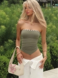 Women's Sexy Strapless Ruched Tube Top With Shell Buttons Decoration Irregular Hem 95% Polyester 5% Spandex Slim Fit Streetwear Y2K Crop Top