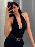 Women Sexy Halter V Neck Tank Top Ruched Slim Fit Backless Sleeveless Vest Nylon Spandex Stretchy Summer Casual Vacation Solid Color Top