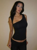 Women Sexy Asymmetric Tank Top Irregular Neckline Hollow Out Sleeveless Slim Fit Vest Summer Streetwear Spicy Girl Style Solid Color Polyester Spandex Top