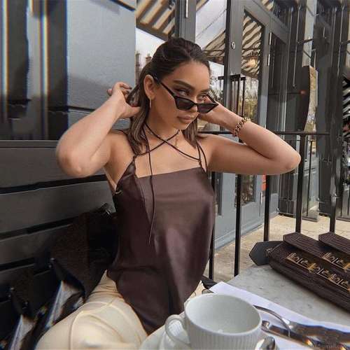 Sexy Backless Satin Camisole Top Women Crisscross Lace Up Silk Like Crop Tank Top Solid Color Sleeveless Asymmetrical Hem Vest for Summer Party Lady