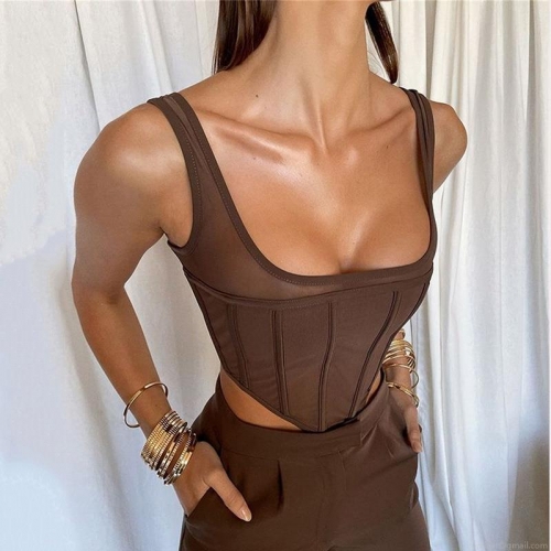 Women's Sexy Mesh Patchwork Fishbone Corset Crop Top Square Neck Sleeveless Slim Fit Tank Top Spice Girl Streetwear Party Clubwear Summer Fall Women's Sexy Mesh Patchwork Fishbone Corset Crop Top Square Neck Sleeveless Slim Fit Tank Top Spice Girl Streetwear Party Clubwear Summer Fall