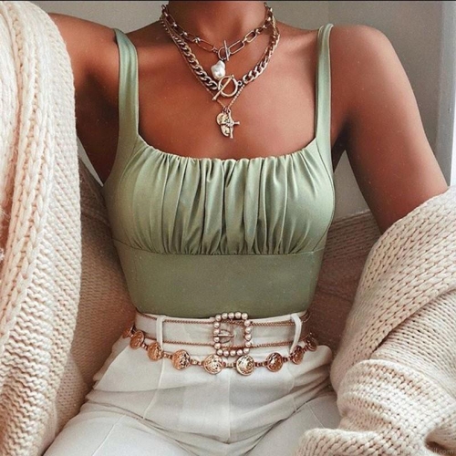 French Style Sexy Women Camisole Pleated Square Neck Sleeveless Crop Top Polyester Backless Slim Fit Tank Top For Summer Beach Party Streetwear French Style Sexy Women Camisole Pleated Square Neck Sleeveless Crop Top Polyester Backless Slim Fit Tank Top For Summer Beach Party Streetwear