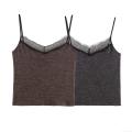 Women's Sexy Lace Trim V-Neck Ribbed Knit Camisole Top Spaghetti Strap Slim Fit Innerwear Sleeveless Tank Top For Ladies Every Day Wear