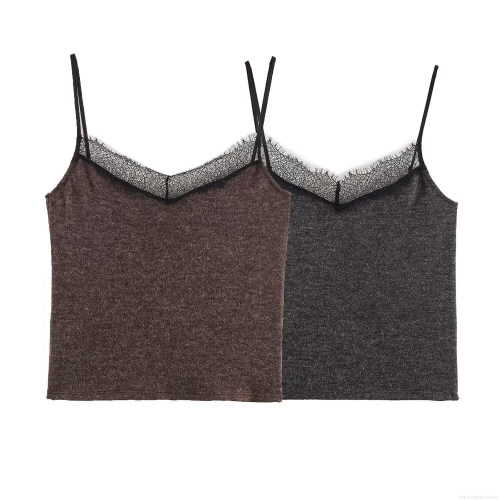 Women's Sexy Lace Trim V-Neck Ribbed Knit Camisole Top Spaghetti Strap Slim Fit Innerwear Sleeveless Tank Top For Ladies Every Day Wear