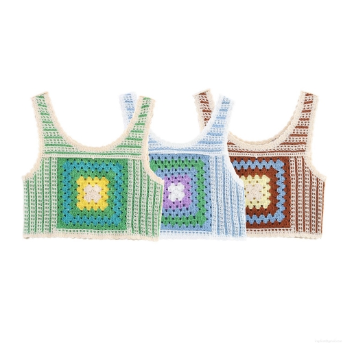 Women Crochet Knit Crop Top Retro Granny Square Sleeveless Vest Candy Color Hollow Out Boho Beach Tank Top Mori Style Knitwear Women Crochet Knit Crop Top Retro Granny Square Sleeveless Vest Candy Color Hollow Out Boho Beach Tank Top Mori Style Knitwear