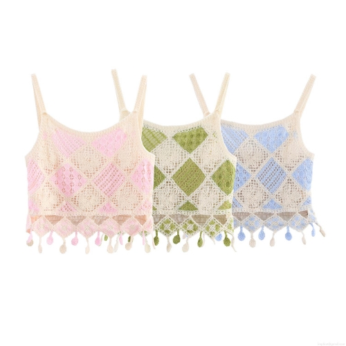 Women's Crochet Knit Sling Top Hollow Diamond Lattice Camisole With Tassel Pompoms Bohemian Style Summer Short Knit Vest Women's Crochet Knit Sling Top Hollow Diamond Lattice Camisole With Tassel Pompoms Bohemian Style Summer Short Knit Vest