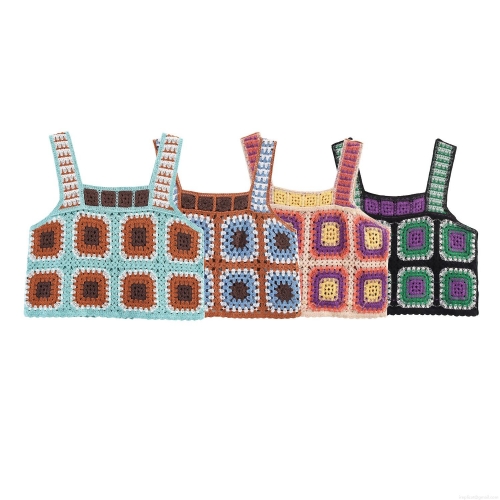 Women's Crochet Knit Tank Top Granny Square Bohemian Sleeveless Crop Cami For Vacation Summer Party Vintage Hollow Out Contrast Color Fashion Vest Women's Crochet Knit Tank Top Granny Square Bohemian Sleeveless Crop Cami For Vacation Summer Party Vintage Hollow Out Contrast Color Fashion Vest
