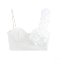 Women's Sexy 3D Stereoscopic Flower Cropped Camisole Asymmetric Single Shoulder Mesh Satin Bustier Top For Vacation Party Sweet Hot Girl Style