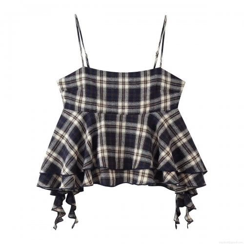 Women's Retro Plaid Camisole Top Sleeveless Peplum Ruffle Hem Polyester Square Neck Adjustable Spaghetti Straps Tank Top For Summer Daily Vacation Vintage Forest Style