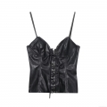 Sexy Women PU Leather Cami Top Lace Up Slim Fit Corset Top With Metal Eyelets Back Zipper Sleeveless Streetwear Clubwear Party Tank Top