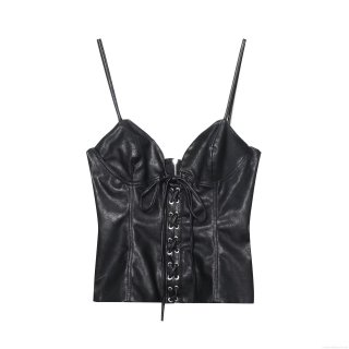 Sexy Women PU Leather Cami Top Lace Up Slim Fit Corset Top With Metal Eyelets Back Zipper Sleeveless Streetwear Clubwear Party Tank Top