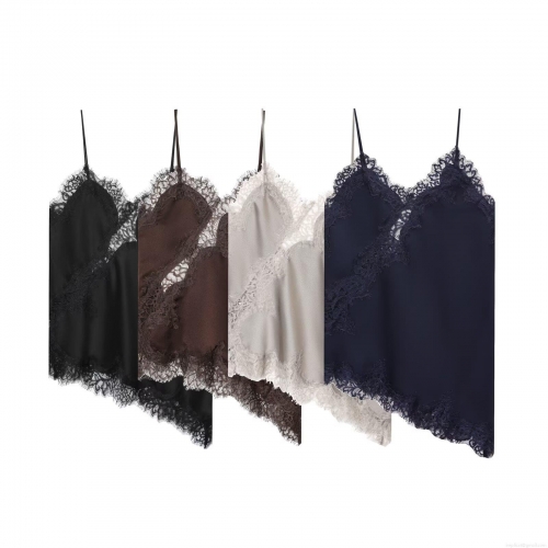 Women's Elegant Satin Camisole Top With Lace Patchwork Sexy V Neck Spaghetti Strap Asymmetrical Hem Sleeveless Tank Top For Summer Party Clubwear Women's Elegant Satin Camisole Top With Lace Patchwork Sexy V Neck Spaghetti Strap Asymmetrical Hem Sleeveless Tank Top For Summer Party Clubwear