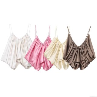 Women's Sexy Silk Satin Cami Top Backless Pleated Spaghetti Strap V Neck Camisole Sleeveless Loose Streetwear Party Tank Top For Women Women's Sexy Silk Satin Cami Top Backless Pleated Spaghetti Strap V Neck Camisole Sleeveless Loose Streetwear Party Tank Top For Women