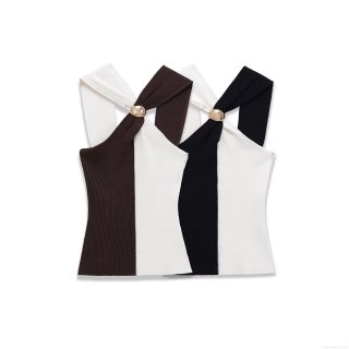 Women Sexy Contrast Color Ribbed Knit Halter Tank Top Metal Ring Decorative Criss-Cross Sleeveless Camisole For Daily Streetwear