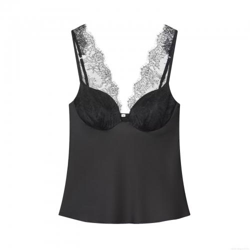 Women's Sexy Lace Patchwork Satin Cami Top V-Neck Slim Fit Adjustable Spaghetti Strap Tank Top With Chest Pad For Party Streetwear