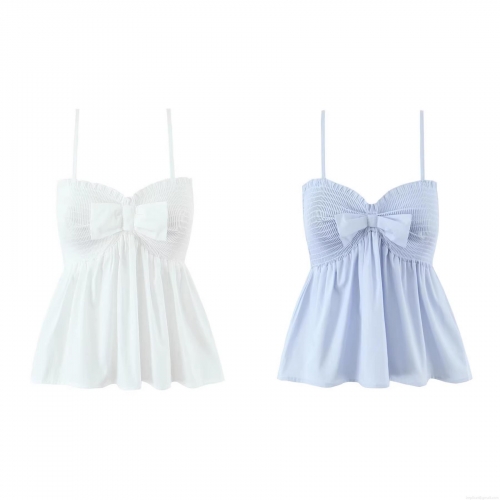 Women's Cotton Camisole Tank Top With Sweet Bow Tie Smocking Backless Ruffle Hem Sleeveless Summer Top For Beach Vacation Party Streetwear