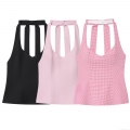 Women's Halter Neck Top Backless Bow Tie Sexy Deep V Sleeveless Polyester Camisole Gingham Solid Color Slim Fit Vest For Summer Party Clubwear