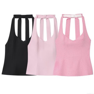 Women's Halter Neck Top Backless Bow Tie Sexy Deep V Sleeveless Polyester Camisole Gingham Solid Color Slim Fit Vest For Summer Party Clubwear