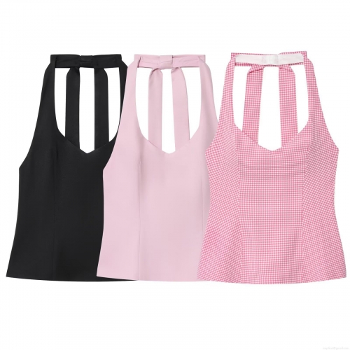 Women's Halter Neck Top Backless Bow Tie Sexy Deep V Sleeveless Polyester Camisole Gingham Solid Color Slim Fit Vest For Summer Party Clubwear