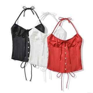 Women's Sexy Satin Halter Neck Corset Top Backless Lace-up Slim Fit Camisole With Front Buttons For Party Summer Streetwear Fashion Clothing