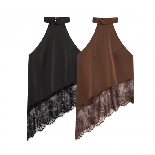 Women's Sexy Halter Neck Satin Top With Lace Patchwork Asymmetrical Hem Sleeveless Backless Summer Tank Top For Party Streetwear Ladies Fashion