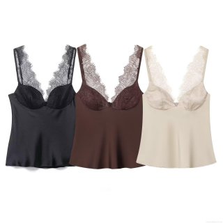 Women's Sexy Lace Satin Camisole V Neck Eyelash Lace Patchwork Slim Fit Sleeveless Tank Top Party Clubwear Strappy Cami Top For Summer