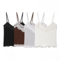 Women's Knit Lace Trim Camisole Top Sexy V-Neck Slim Fit Cropped Tank Top Summer Sleeveless Ribbed Double Layered Cotton Blend Shirt For Casual Party