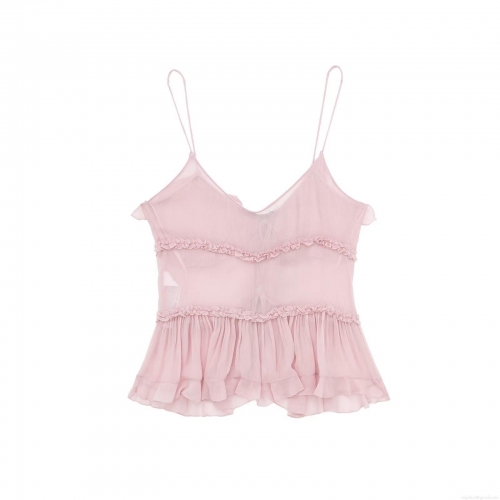 Women's Y2K Ruffle Layered Chiffon Camisole Front Tie Semi-Transparent Solid Color Tank Top Sexy Sleeveless Short Top Summer Streetwear