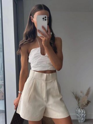 Women Sexy Halter Neck Crop Top Pleated Smocked Backless Cami Vest Sleeveless Solid Color Streetwear Tank Top For Summer Party