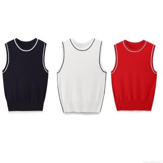 Women's Knit Sleeveless Top Summer Casual Contrast Trim Round Neck Vest Street Style Solid Color Slim Fit Tank Top for Ladies