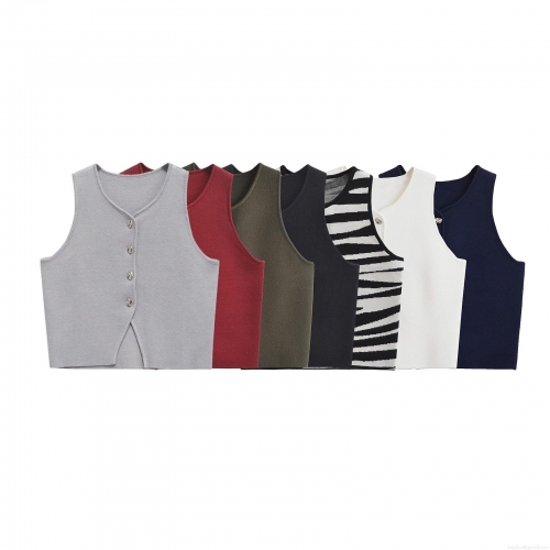 Women V Neck Knitted Vest Single Breasted Short Camisole Slim Fit Sleeveless Crop Top With Metal Buttons Solid Zebra Pattern Streetwear Fashion Knitwear For Summer Spring Women V Neck Knitted Vest Single Breasted Short Camisole Slim Fit Sleeveless Crop Top With Metal Buttons Solid Zebra Pattern Streetwear Fashion Knitwear For Summer Spring